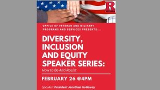 Text saying Diversity, Inclusion and Equity Speaker Series. Picture of Hands of different races across american flag.