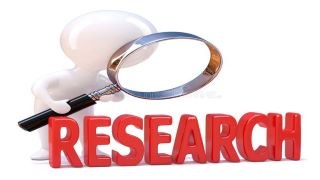 cartoon man with a magnifying glass over the word research