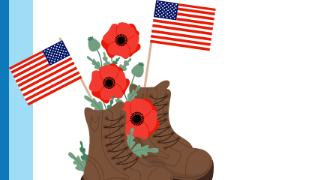 boots holding poppies and american flag