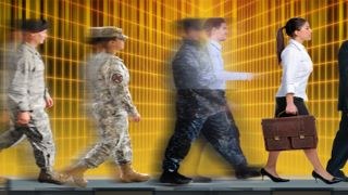 servicemembers in uniform walking and transforming to servicemembers in professional dress